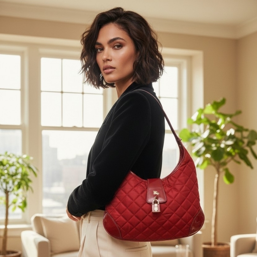 Like New Burberry Quilted Nylon & Patent Leather Hobo Bag w/ Gold Lock & COA - Picture 15 of 15